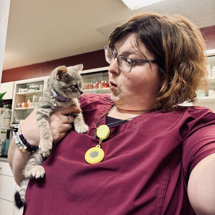 Woman holding tabby kitten